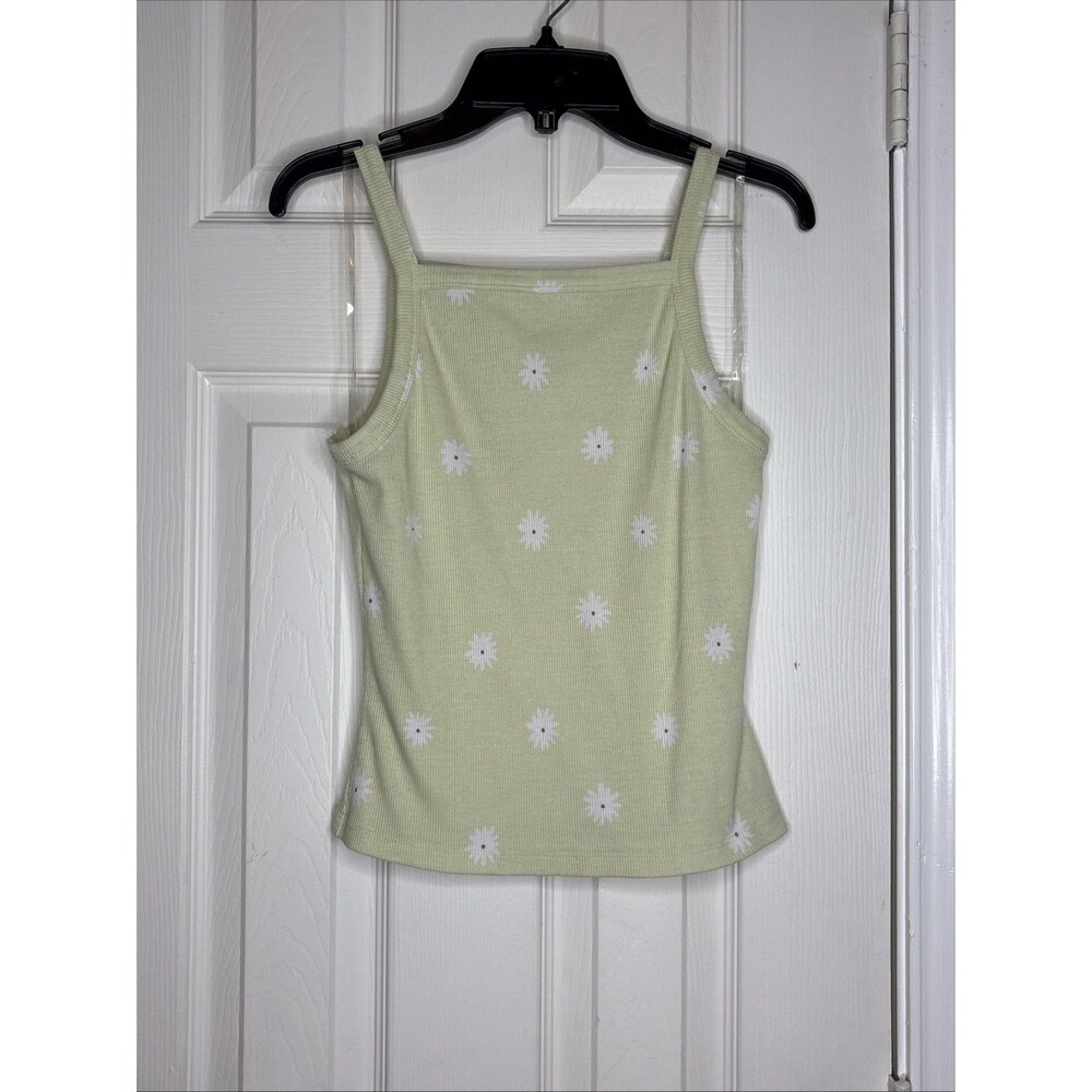 SO Medium Tank Top Green White Daisy Print Ribbed Knit Sleeveless Cam